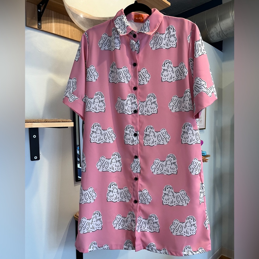 Alan Brand Thailand Pink Dog Poodle Dress Buttons Pockets Medium Good